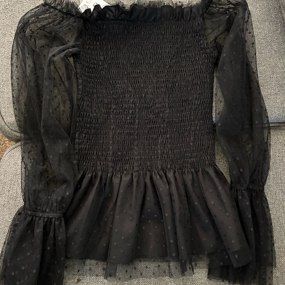 Zele Black Smocked Ruffled Peplum Blouse